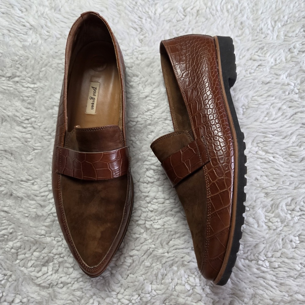 Paul Green Dara Leather Croc Embossed Pointed Loafers Size 10 US / 7.5 UK Brown
